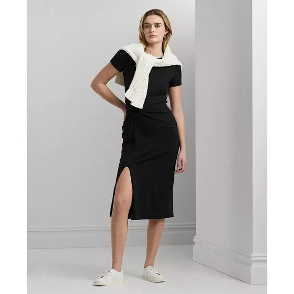 Lauren Ralph Lauren | Dresses | Lauren Ralph Lauren Jersey Twistfront Midi  Dress Womens Xl Black Short Sleeve | Poshmark